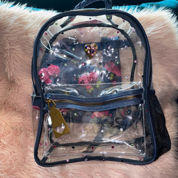 Clear Backpack with Floral Design and Heart Accents